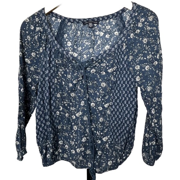 American Eagle Boho Peasant‎ Blouse Lace Up Floral Top XS Cottagecore Romantic - Picture 1 of 4